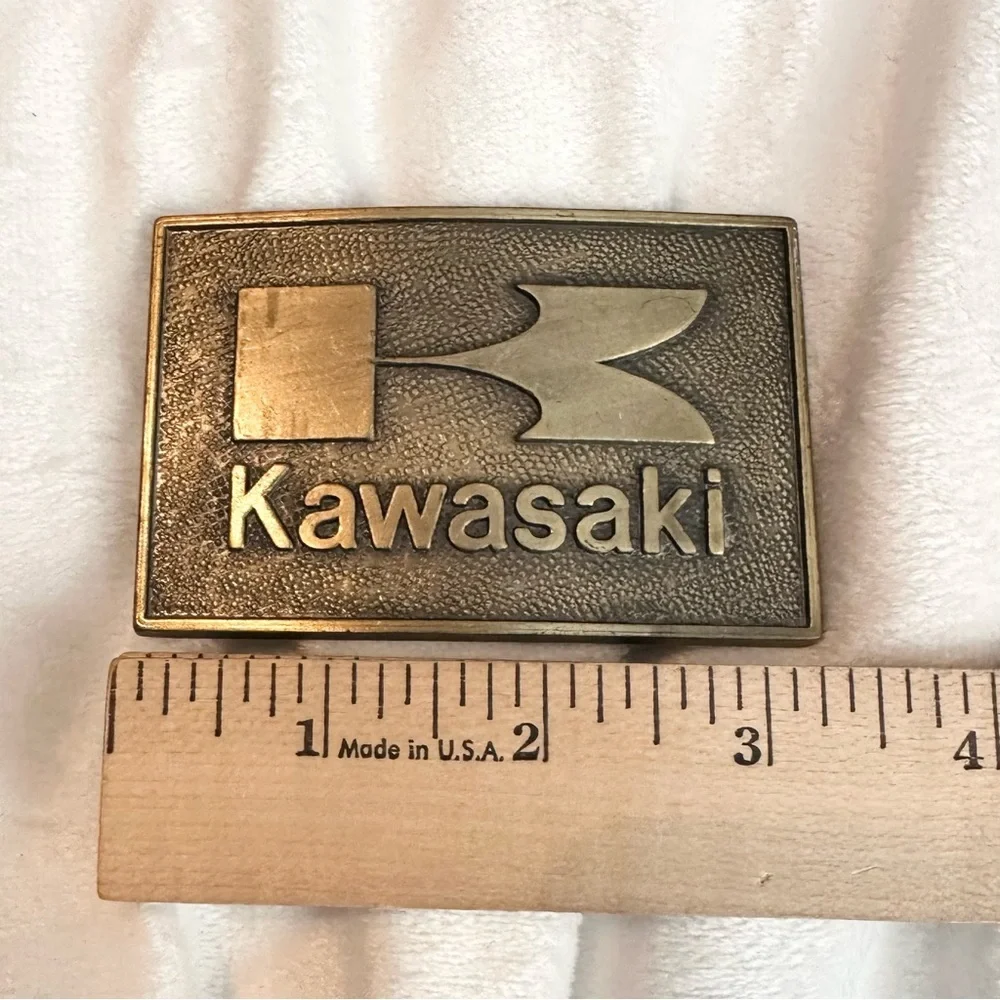 Vintage 1978 Kawasaki Brass Belt Buckle Big K Logo Embossed Textured Motorcycle